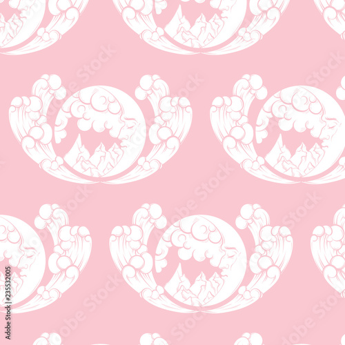 Vector pattern with  hand drawn illustration of landscape with moon, clouds, waves, mountains. Artwork in line abstract style. Template for postcard banner poster placard print for t-shirt.