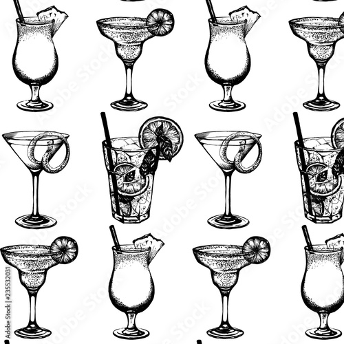 Vector pattern with  illustration of alcoholic cocktails.  Template for card and poster, banner, print.