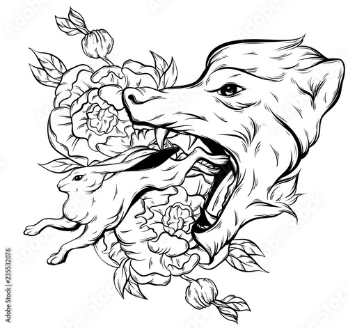 Vector hand drawn illustration of rabbit and big head of angry wolf. Hand sketched tatto artwork with flowers. Character design. Template for card, poster, print for t-shirt.
