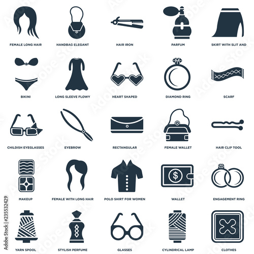 Elements Such As Clothes, Hair clip tool, Scarf, Handbag elegant, Yarn spool, Long sleeve flowy dress, Wallet, Childish eyeglasses icon vector illustration on white background. Universal 25 icons set.