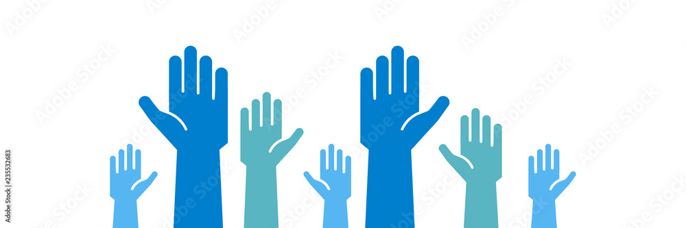 Raised blue hands volunteering to help a good cause. Vector trendy flat icon for volunteer, charity, donation and contribution concepts Raised blue hands volunteering to help a good cause. Vector trendy flat icon for volunteer, charity, donation and contribution concepts