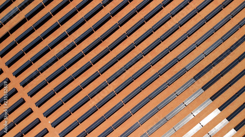 Aerial view of solar power plant located in Arizona, United States. Solar panels field (solar cell) from above. Alternative energy, ecology power conservation concept. Drone Shot, Solar station