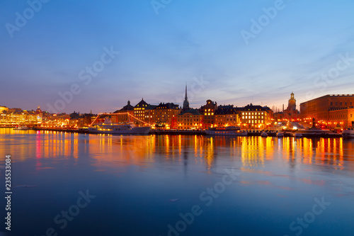 night panotamical skyline of the Gamla Stan Old Town in Stockholm  Sweden  toned