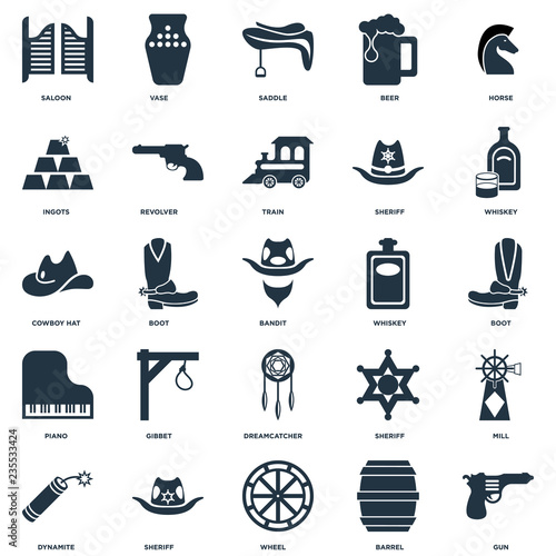 Elements Such As Gun, Barrel, Wheel, Sheriff, Dynamite, Whiskey, Dreamcatcher, Piano, Ingots, Saddle, Vase icon vector illustration on white background. Universal 25 icons set.
