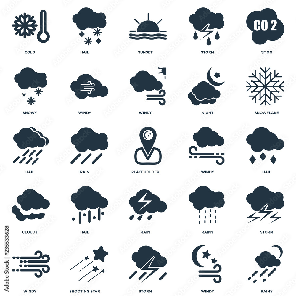 Elements Such As Rainy, Windy, Storm, Shooting star, Snowflake, Rain, Cloudy, Snowy, Sunset, Hail icon vector illustration on white background. Universal 25 icons set. Elements Such As Rainy, Windy, Storm, Shooting star, Snowflake, Rain, Cloudy, Snowy, Sunset, Hail icon vector illustration on white background. Universal 25 icons set.