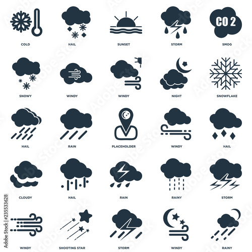Elements Such As Rainy, Windy, Storm, Shooting star, Snowflake, Rain, Cloudy, Snowy, Sunset, Hail icon vector illustration on white background. Universal 25 icons set.