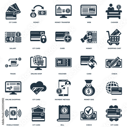 Elements Such As Cit card, Check, Shopping cart, Money, Mobile money, Money bag, Trade icon vector illustration on white background. Universal 25 icons set.