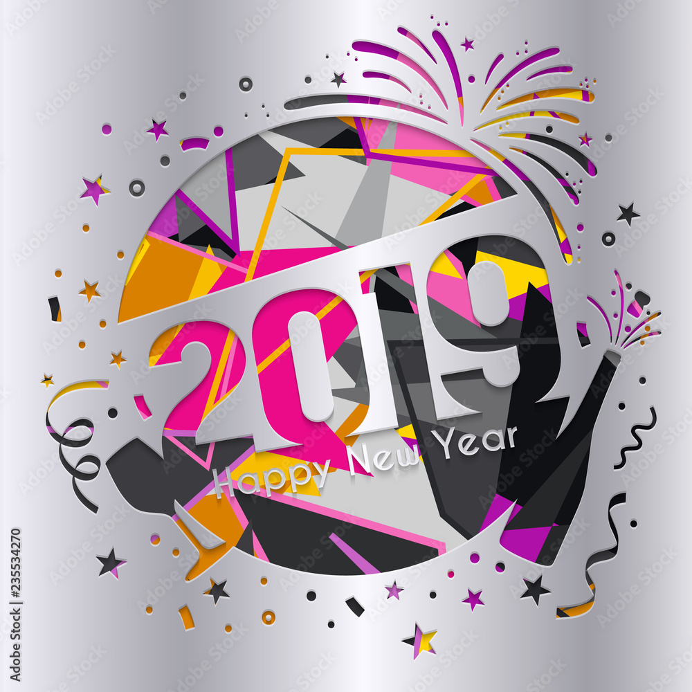 Fototapeta premium 2019 Happy New Year greeting card. Numbers, bottle of Champagne, glass, firework and confetti cutted from silver paper. Vector.