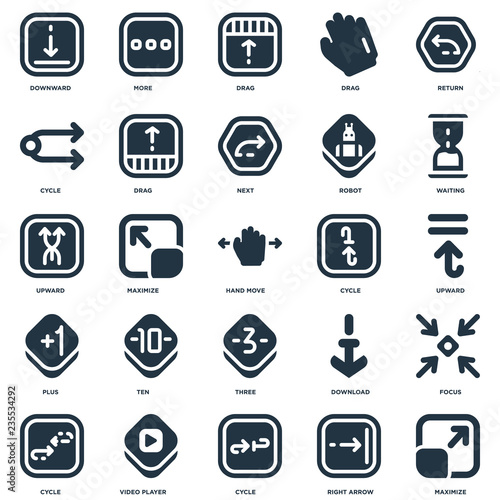 Elements Such As Maximize, Right arrow, Cycle, Video player, Waiting, Three, Plus, Drag, More icon vector illustration on white background. Universal 25 icons set.