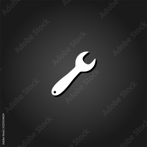 Wrench icon flat. Simple White pictogram on black background with shadow. Vector illustration symbol