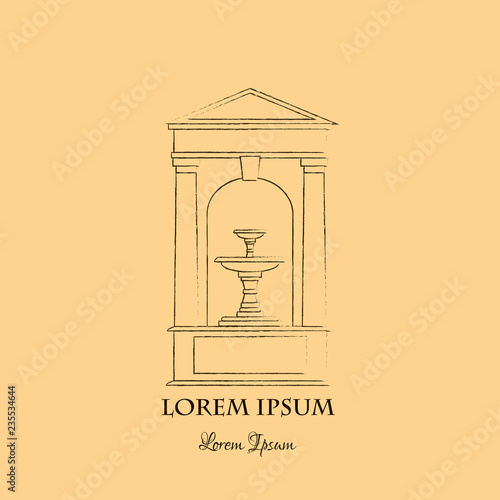 Line vector illustration of classical fountain isolated on white background with place for your text. Vector template for business card and banner.