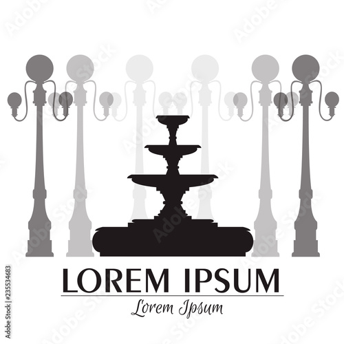 Vector illustration of classical fountain and lanterns isolated with place for your text. Vector template for business card and banner.