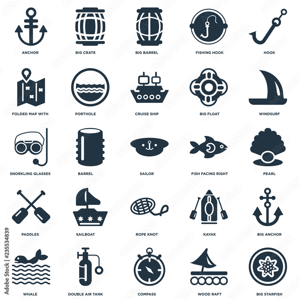 Elements Such As Big Starfish, Pearl, Windsurf, Crate, Whale, Porthole, Kayak, Snorkling Glasses icon vector illustration on white background. Universal 25 icons set.