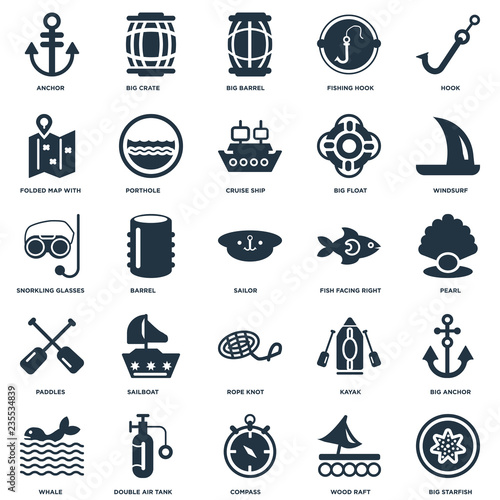 Elements Such As Big Starfish  Pearl  Windsurf  Crate  Whale  Porthole  Kayak  Snorkling Glasses icon vector illustration on white background. Universal 25 icons set.