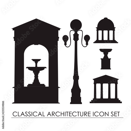 Vector collection of classical small architectural forms isolated on brown background. Vector template for business card and banner.