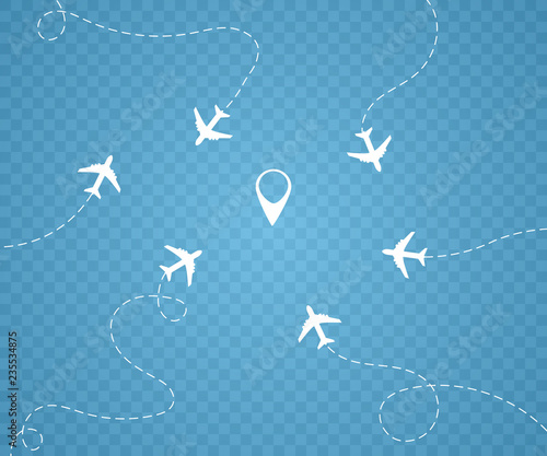 Airplane is in a dotted line. The waypoint is for a tourist trip. Vector illustration on a white background. Tourism and travel.  