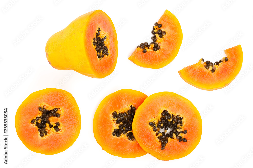 ripe papaya and slice isolated on a white background. Top view. Flat lay