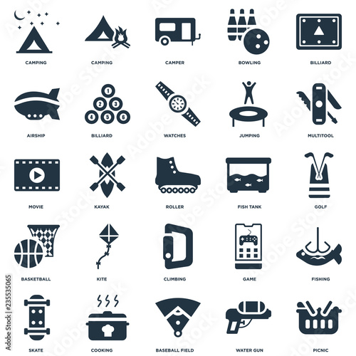 Elements Such As Picnic, Golf, Multitool, Camping, Skate, Billiard, Game, Movie icon vector illustration on white background. Universal 25 icons set.