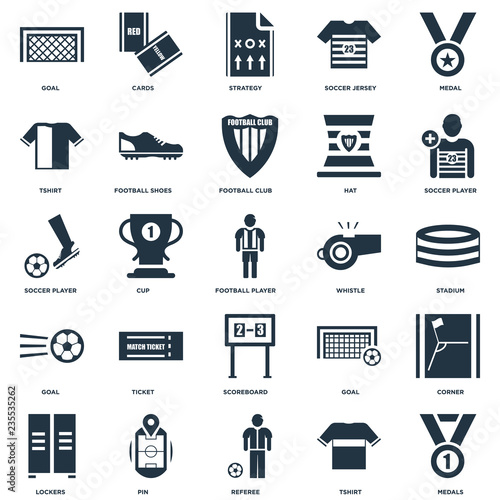 Elements Such As Medals, Tshirt, Referee, Pin, Lockers, Soccer player, Whistle, Scoreboard, Goal, Strategy, Cards icon vector illustration on white background. Universal 25 icons set.