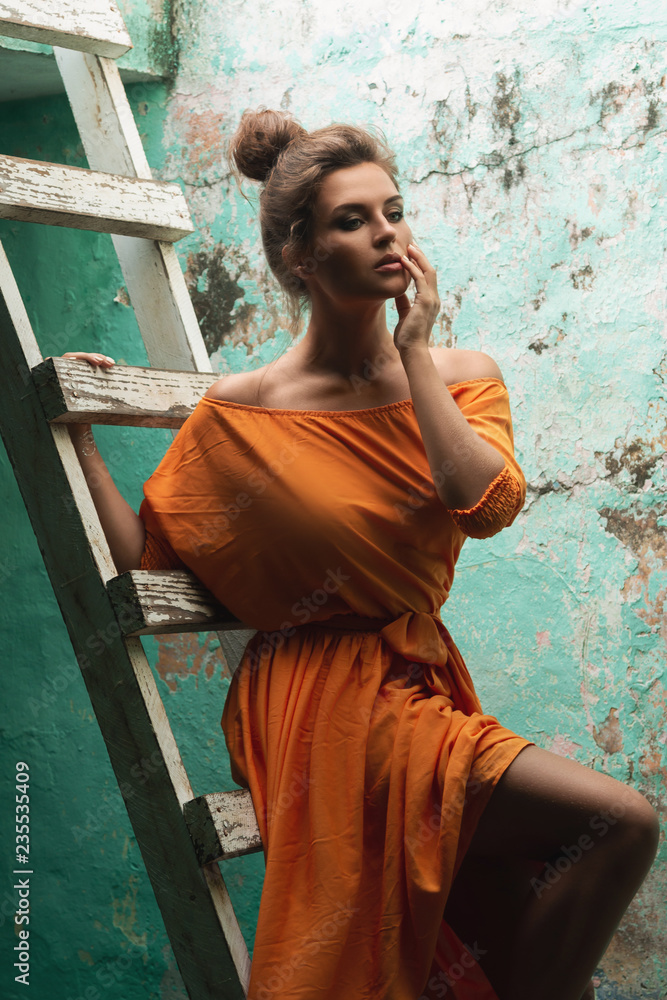 Naklejka premium Sensual woman wearing beautiful long dress on the old wooden ladder