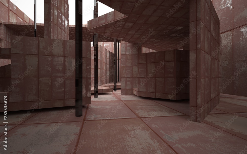 Abstract room interior of sheets rusted metal with black glass columns. Architectural background. 3D illustration and rendering Abstract room interior of sheets rusted metal with black glass columns. Architectural background. 3D illustration and rendering