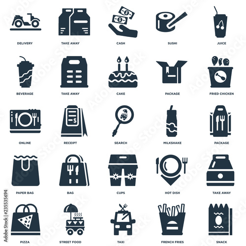 Elements Such As Snack, Package, Fried chicken, Take away, Pizza, Hot dish, Online icon vector illustration on white background. Universal 25 icons set.