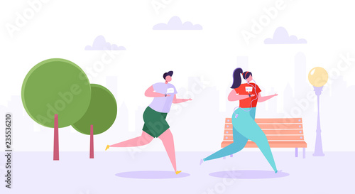 Man and Woman Characters Running in the Park. Happy Active People Jogging. Couple Running Marathon. Healthy Lifestyle, Fitness in the City. Vector Illustration