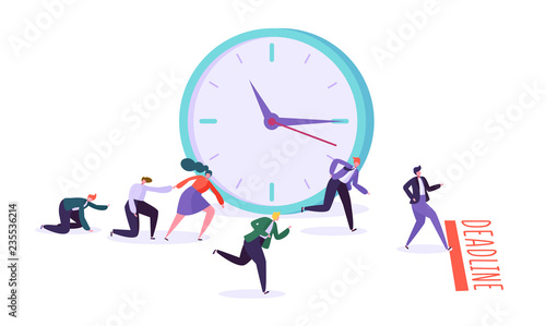 Office deadline and business characters competition. Time management on the road to success. Group of running businessmen to achieve results. Help colleagues to complete project. Vector illustration