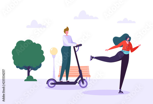 Active People on Eco Transportation. Young Woman Character Roller Skating in the City Park. Man Riding Electric Scooter. Healthy Lifestyle. Vector Illustration