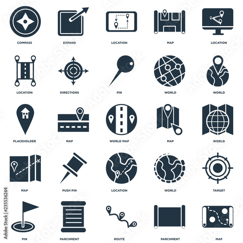 Elements Such As Map, Parchment, Route, Pin, World, Location, Expand icon vector illustration on white background. Universal 25 icons set.
