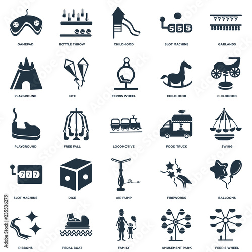 Elements Such As Ferris wheel, Swing, Childhood, Bottle throw, Ribbons, Kite, Fireworks, Playground icon vector illustration on white background. Universal 25 icons set.