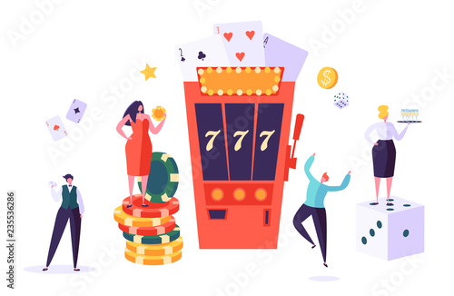 Casino and Gambling Concept. People Characters Playing in Games of Fortune. Man and Woman Play Poker, Roulette, Slot Machine. Vector Illustration