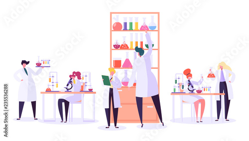 Pharmaceutic Laboratory Research Concept. Scientists Characters Working in Chemistry Lab with Medical Equipment Microscope, Flask, Tube. Vector illustration