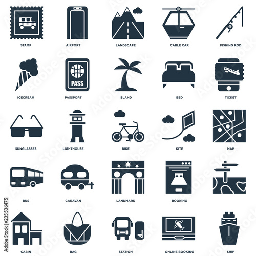 Elements Such As Ship, Online booking, Station, Bag, Cabin, Ticket, Kite, Landmark, Bus, Icecream, Landscape, Airport icon vector illustration on white background. Universal 25 icons set.