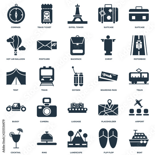 Elements Such As Boat, Train, Motorbike, Train ticket, Cocktail, Postcard, Placeholder, Tent icon vector illustration on white background. Universal 25 icons set.