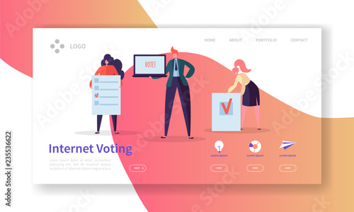 Voting Elections Landing Page Template. Business People Characters Internet Voting Concept for Website or Web Page. Easy Edit. Vector illustration