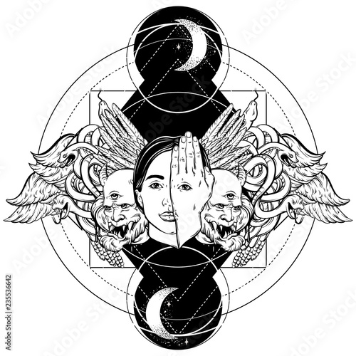 Vector hand drawn illustration of woman face with eye on her hand. Surreal artwork with wings and  snakes. Template for card, poster, banner, print for t-shirt.