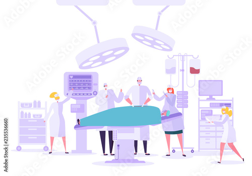 Medical hospital surgery operation in operating room. Doctor and Nurse Characters performing surgical operation on Patient. Vector illustration