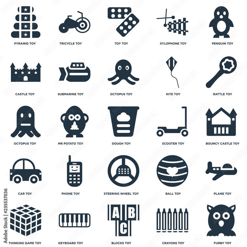 Elements Such As Furby toy, Bouncy castle Rattle Tricycle Thinking game ...