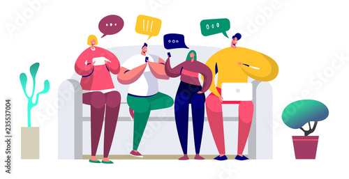 Young people sitting on the couch and writing messages in chat using smartphone, computer, laptop. Friends chat via mobile phone, texting via messenger app and sending sms. Vector illustration
