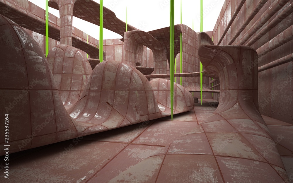 Empty smooth abstract room interior of sheets rusted metal with glossy green surface. Architectural background. 3D illustration and rendering Empty smooth abstract room interior of sheets rusted metal with glossy green surface. Architectural background. 3D illustration and rendering