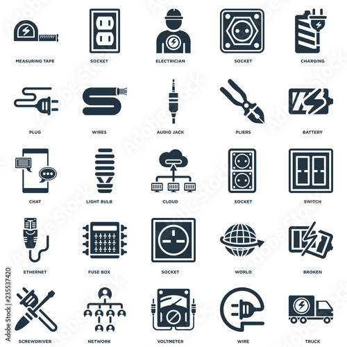 Elements Such As Truck, Wire, Voltmeter, Network, Screwdriver, Battery, Socket, Ethernet, Plug, Electrician, Socket icon vector illustration on white background. Universal 25 icons set.