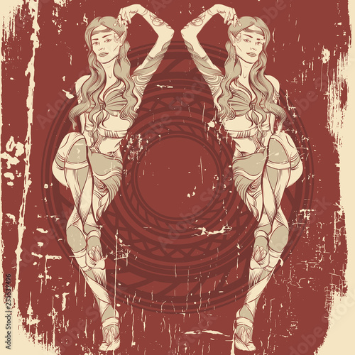 Vector illustration of beautiful elf twins made in hand drawn line realistic style. Ethnic artwork. Template for card poster banner and print for t-shirt.