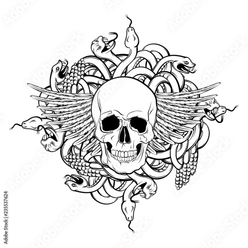 Vector illustration of realistic human skull with wings and bunch of snakes in hand drawn style.  Template for card banner label poster and print for t-shirt.