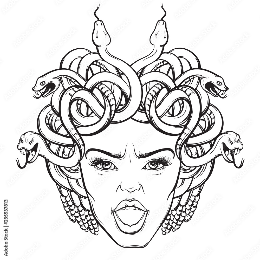 Vector illustration of angry gorgon with snakes and open mouth in hand ...