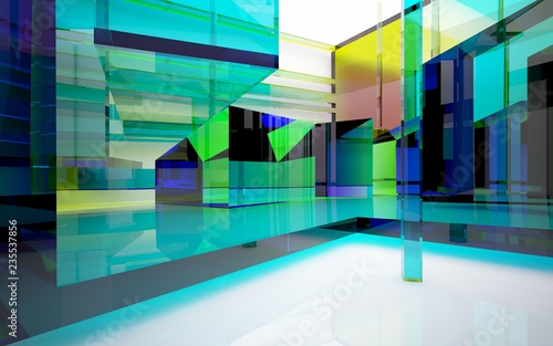 Fototapeta Naklejka Na Ścianę i Meble -  abstract architectural interior with gradient geometric glass sculpture with black lines. 3D illustration and rendering