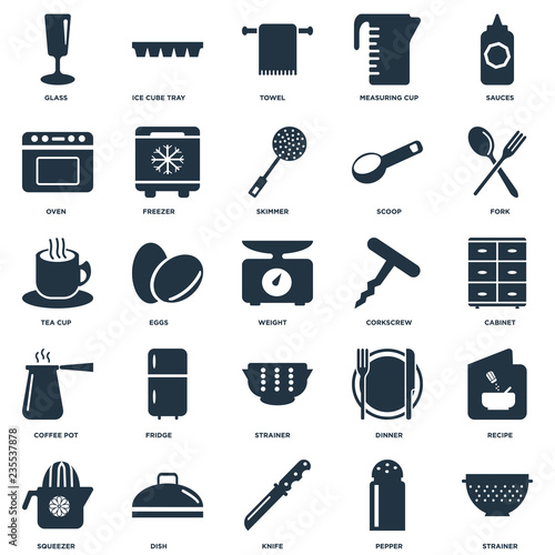 Elements Such As Strainer, Pepper, Knife, Dish, Squeezer, Fork, Corkscrew, Coffee pot, Oven, Towel, Ice cube tray icon vector illustration on white background. Universal 25 icons set.