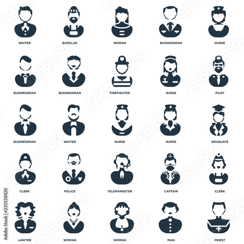Elements Such As Priest, Man, Woman, Lawyer, Pilot, Nurse, Telemarketer, Clerk, Businessman, Burglar icon vector illustration on white background. Universal 25 icons set.