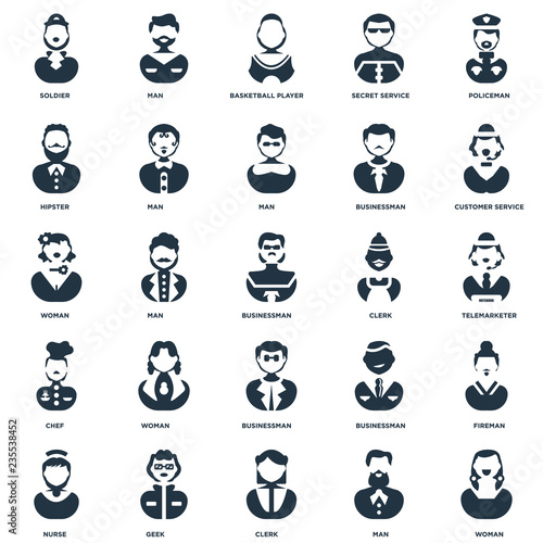 Elements Such As Woman, Man, Clerk, Geek, Nurse, Customer service, Businessman, Chef, Hipster, Basketball player, Man icon vector illustration on white background. Universal 25 icons set.