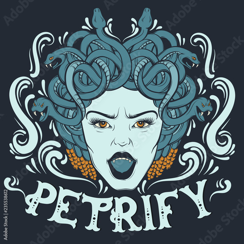 Petrify. Colorful quote typographical background with illustration of gorgon with hand drawn elements. Tattoo artwork with unique fairy lettering. Template for card banner poster print for t-shirt.
